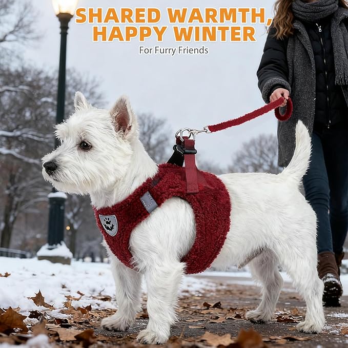 KOOLTAIL Christmas Plush Small Dog Harness and Leash Set, Warm Fleece No Pull Puppy Vest for Winter, Lightweight Reflective Step in Pet Harness for Medium Sized Dogs Boy Girl Outdoor Walking, Red S