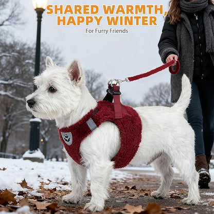 KOOLTAIL Christmas Plush Small Dog Harness and Leash Set, Warm Fleece No Pull Puppy Vest for Winter, Lightweight Reflective Step in Pet Harness for Medium Sized Dogs Boy Girl Outdoor Walking, Red M