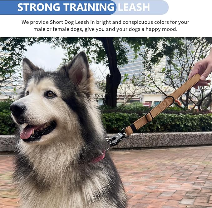 Strong Heavy Duty Dog Leash - Adjustable 15"-18" Reflective Nylon Training Leash with Padded Handle & Frog Clip, Traffic Control for Large Medium Dogs No Pull Walking Khaki