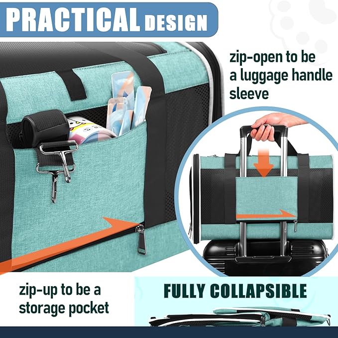 GAPZER Soft Cat Carrier Large Cat 20 lbs/Kitty Cat Travel Crate for Pet Top Load/Small Dog Sturdy Transport Fabric Carry Bag 10 Pounds/Yorkie Kennel with Pocket Teal Aqua