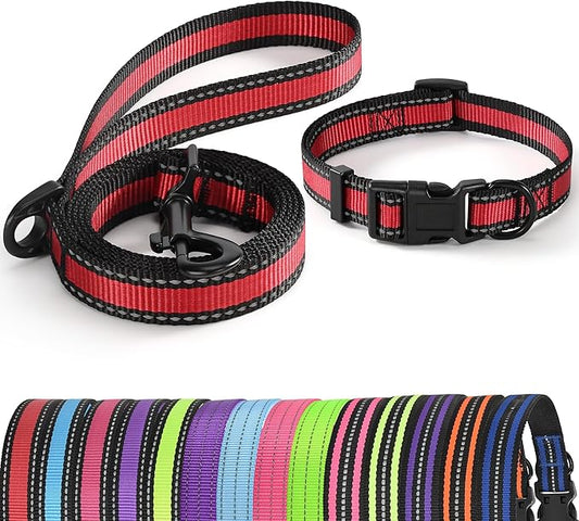 Mile High Life Reflective Dog Collar & Leash - Adjustable (Red, Large Pack of 2)