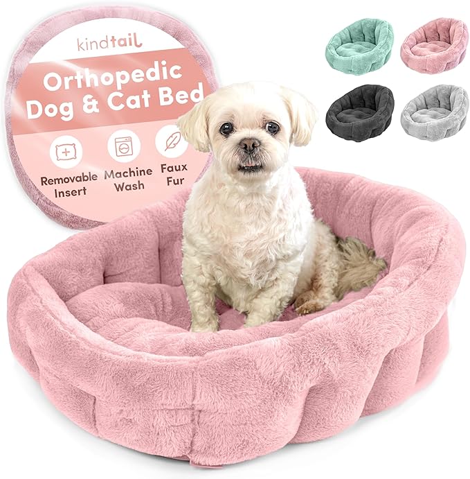 KindTail Small Orthopedic Dog and Cat Bed - Faux Fur Luxury Cuddler for Pets Under 15 lbs, Comfortable Waterproof Material with Nylon Base - 20" x 14" x 10" (Pink, Small)
