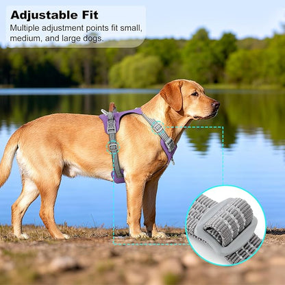 ApakBak No Pull Dog Harness – Adjustable Reflective Nylon Vest for Small Medium Large Dogs, Escape Proof Training Harness with Leather Control Handle, Lightweight Aluminum Hardware (Purple, L)