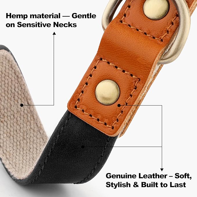 Plutus Pet Genuine Leather & Hemp Dog Collar – Adjustable Heavy Duty Pet Collar with Quick Release Metal Buckle, Soft & Stylish for Puppy and Small, Medium, Large Dogs (Black, M)