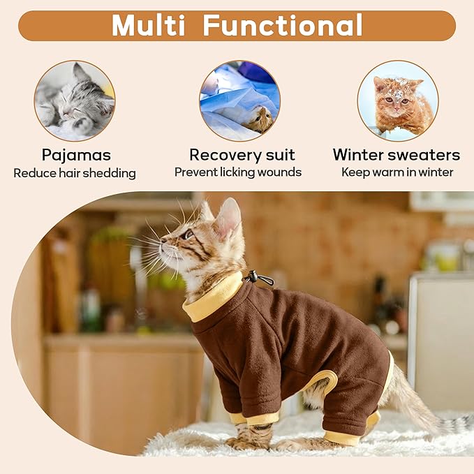PUMYPOREITY Cat Recovery Suit, Stops Wound Licking After Surgery, Sticky Hair Shirt with Sticky Fabric, Cat Pajamas Prevents Over-Grooming, Brown, XS