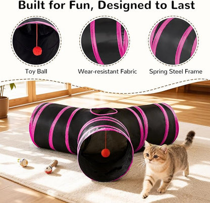Tempcore Pet Tube Toys 3 Way Collapsible, Cat Tunnels for Indoor Cats，Kitty Bored Pet Toys with Peek Hole & Ball Cat, Puppy, Kitty, Kitten, Rabbit, Rose Red