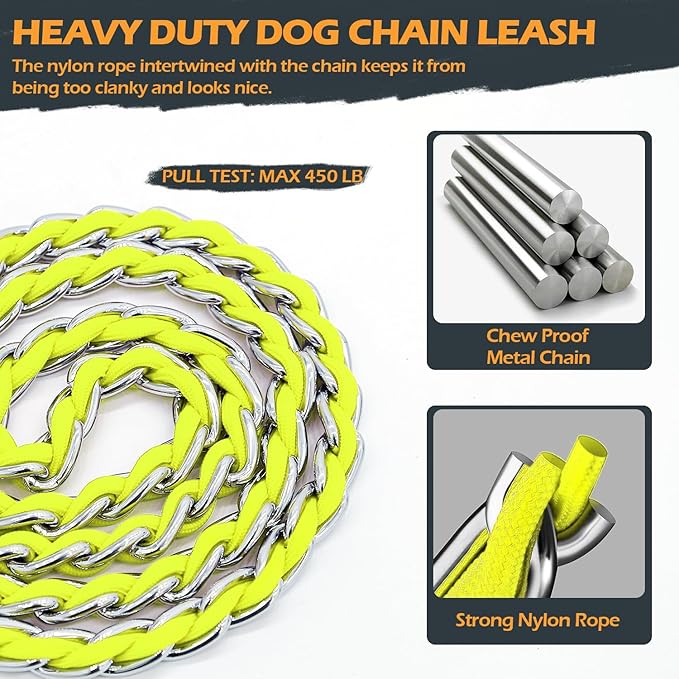 Chain Dog Leash Chew Proof Metal Leash for Medium Large Dogs, Chain Link Anti Chew 4FT Strong Anti Bite Comfortable Soft Padded Handle Yellow 3.0