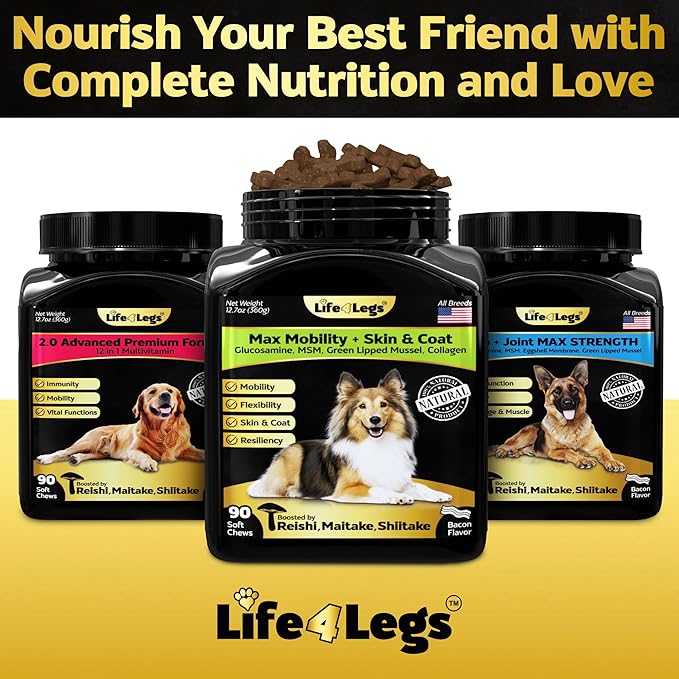 Life4Legs - Hip and Joint Chews for Dogs + Skin and Coat Supplement - Dog Joint Pain Relief Treats - Glucosamine, Chondroitin, MSM, Hemp Oil, Turmeric, Omega 3 for Dogs, Mobility Dog Health Supplies