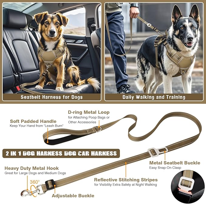 MOOGROU Tactical Dog Harness and Leash Set Small Sized Dog,Heavy Duty No Pull Service Dog Vest and 10 Patches with Dog Seat Belt,Reflective Adjustable Pet Harness for Training Walking Hiking Brown S