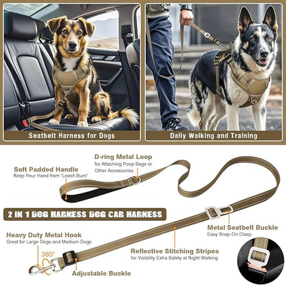 MOOGROU Tactical Dog Harness and Leash Set Small Sized Dog,Heavy Duty No Pull Service Dog Vest and 10 Patches with Dog Seat Belt,Reflective Adjustable Pet Harness for Training Walking Hiking Brown S