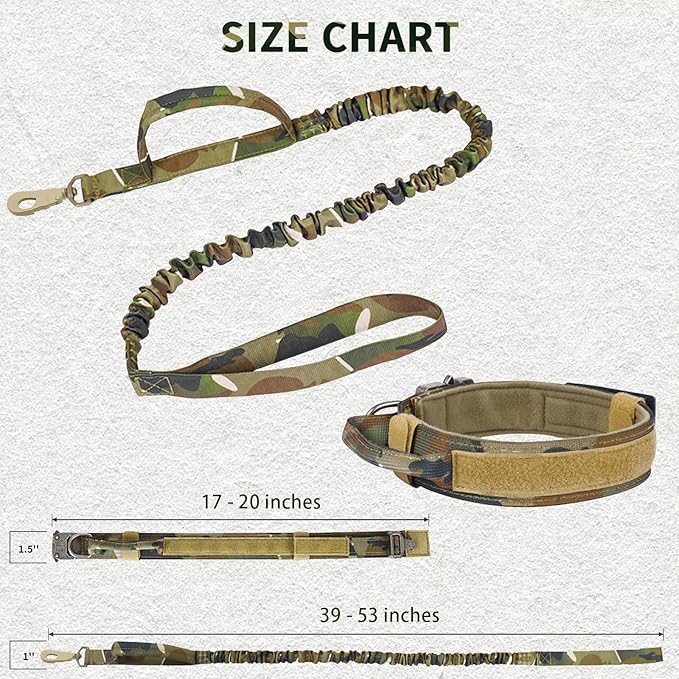 Tactical Dog Collar and Bungee Leash, Camo Military Dog Collar & Leash Set with USA American Flag Adjustable K9 Collar with Heavy Duty Metal Buckle & Handle,with Patches and Airtags Case (L, Camo)