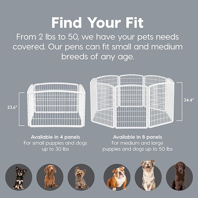 IRIS USA 34" Exercise 8-Panel Pet Playpen with Door, Dog Playpen, Puppy Playpen, Small Medium Large Dogs, Keep Pets Secure, Easy Assemble, Rust-Free, Heavy-Duty Molded Plastic, Customizable, White