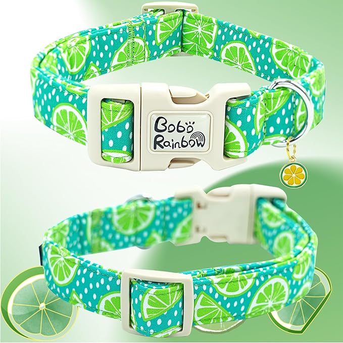 Dog Collar-Cute Lemon Print Adjustable Pet Collars Soft Comfortable Durable Puppy Collar Green Cotton Collars Gift for Small Dogs