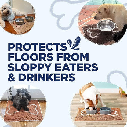 Soggy Doggy Slopmat - Navy Blue/Oatmeal Bone - 18” x 24″ - Water Absorbing Door Mat for Muddy Paws and Food/Water Bowls - Microfiber Chenille Small Doormat - Machine Washable