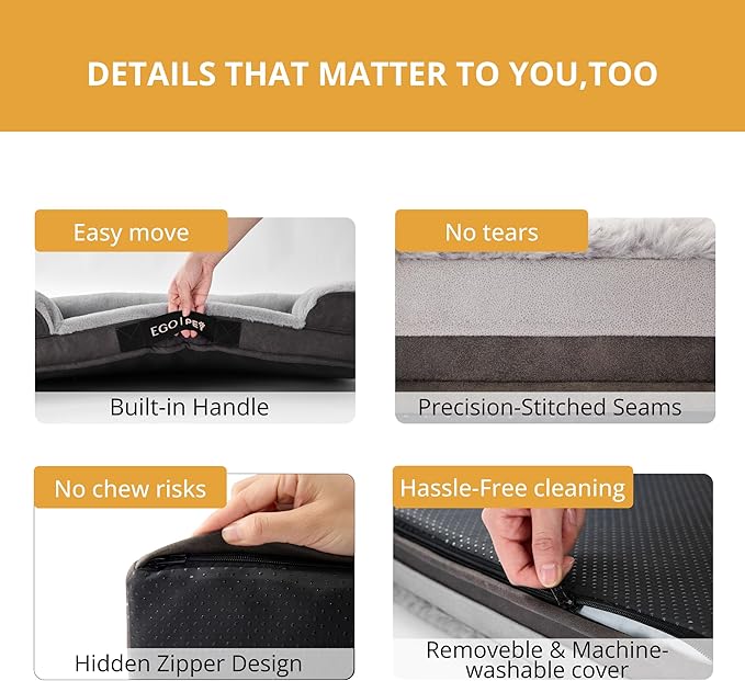 EGOHOME Durable Orthopedic Dog Bed for Large Dogs,Memory Foam Pet Bed with Sides, Non-Slip and Egg-Crate Charcoal Foam Dog Couch Bed with Waterproof Liner&Washable Removable Cover, Grey,41x27x6.5 Inch