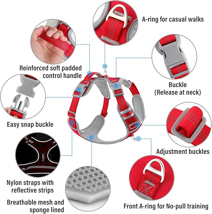 Plutus Pet No Pull Dog Harness, Release at Neck, Reflective Adjustable Dog Vest Harness, Easy Control Handle for Walking, for Small Medium Large Dogs, Red, XL