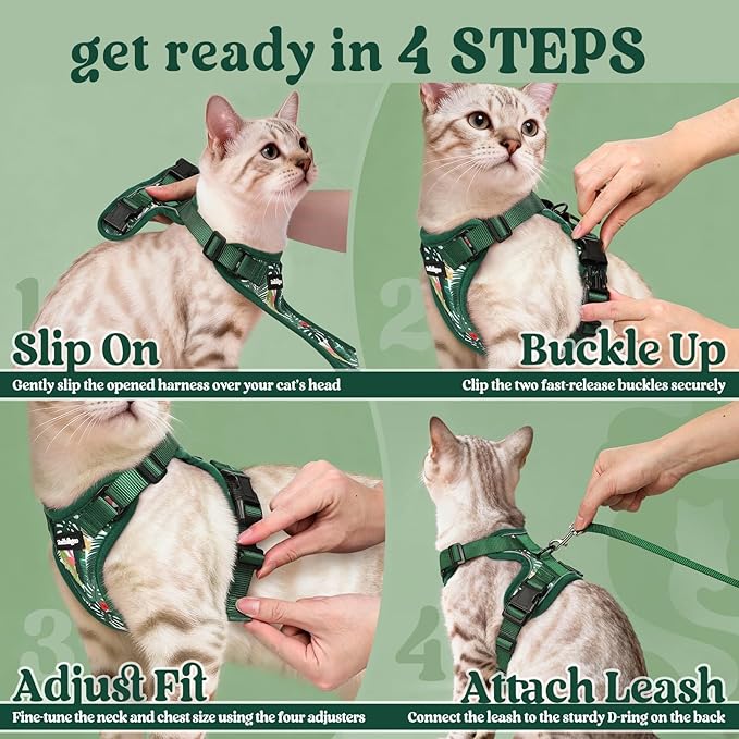 rabbitgoo Cat Harness and Leash for Walking, Escape Proof Soft Adjustable Vest Harnesses for Cats, Easy Control Breathable Reflective Strips Jacket,Rainforest Green,S