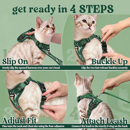 rabbitgoo Cat Harness and Leash for Walking, Escape Proof Soft Adjustable Vest Harnesses for Cats, Easy Control Breathable Reflective Strips Jacket,Rainforest Green,S