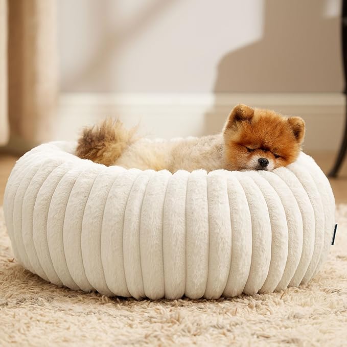 Bedsure ComfyFleece Donut Small Dog Bed - Dog Beds for Small Dogs with Corduroy Fleece & Anti Slip Bottom, Round Faux Fur Pet Beds with Washable Removable Cover, Cream, 23x23x7 inches