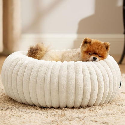 Bedsure ComfyFleece Donut Small Dog Bed - Dog Beds for Small Dogs with Corduroy Fleece & Anti Slip Bottom, Round Faux Fur Pet Beds with Washable Removable Cover, Cream, 23x23x7 inches