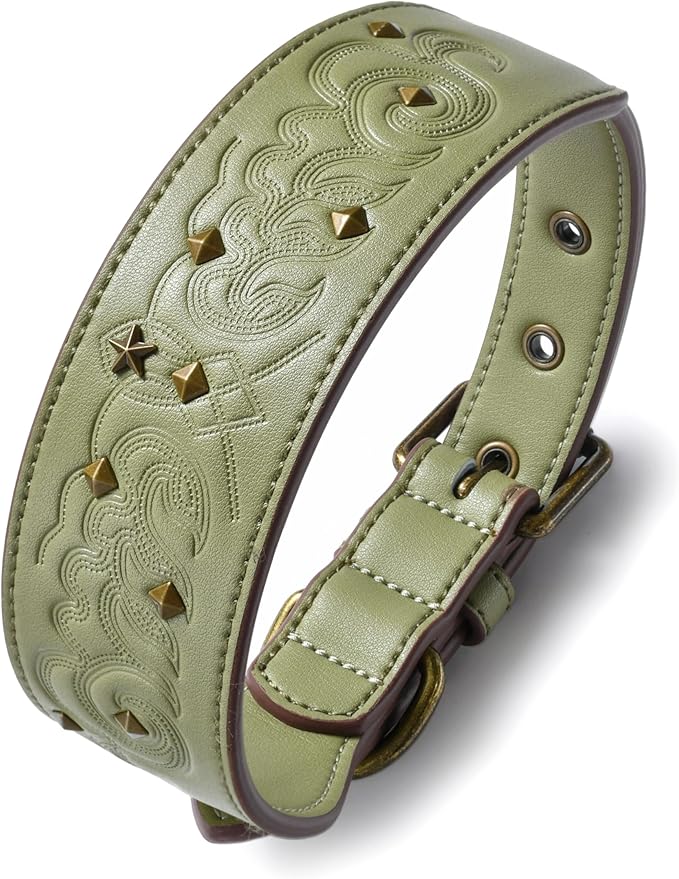 Blueberry Pet Premium Embossed Sage Green Glam Silver-Powered Freshness Microfiber Leather Dog Collar with Antique Brass Studs