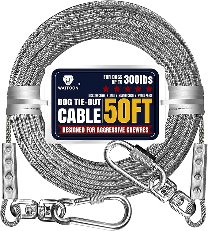Tie Out Cable for Dogs Up to 300lbs,50ft Extra Strong 1000lbs Break Strength Tie-Out Tether Trolley Training Lead,Dog Run Cable for Yard Garden Park Camping Outside(Sliver/50ft)