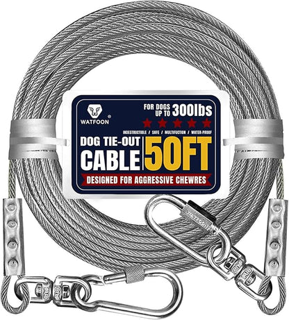 Tie Out Cable for Dogs Up to 300lbs,50ft Extra Strong 1000lbs Break Strength Tie-Out Tether Trolley Training Lead,Dog Run Cable for Yard Garden Park Camping Outside(Sliver/50ft)
