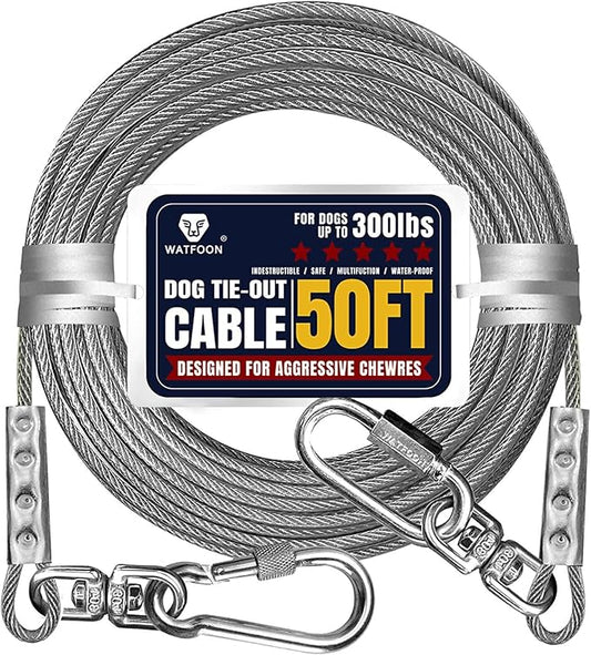 Tie Out Cable for Dogs Up to 300lbs,50ft Extra Strong 1000lbs Break Strength Tie-Out Tether Trolley Training Lead,Dog Run Cable for Yard Garden Park Camping Outside(Sliver/50ft)