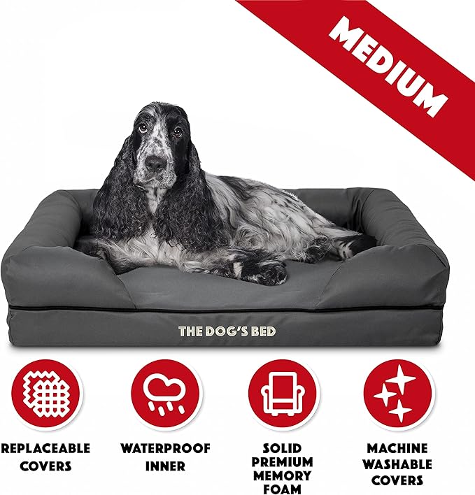 The Dog’s Bed Medium Oxford Grey, Memory Foam, Pain Relief: Arthritis, Hip & Elbow Dysplasia, Post Surgery, Lameness, Supportive, Calming, Waterproof Washable Cover, Veterinary Approved