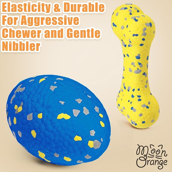 Moonorange 2Pcs Upgrade Bone Dog Balls+Rugby Dogs Toys for Aggressive Chewers, Indestructible Tennis Balls for Dogs (Blue+Yellow)