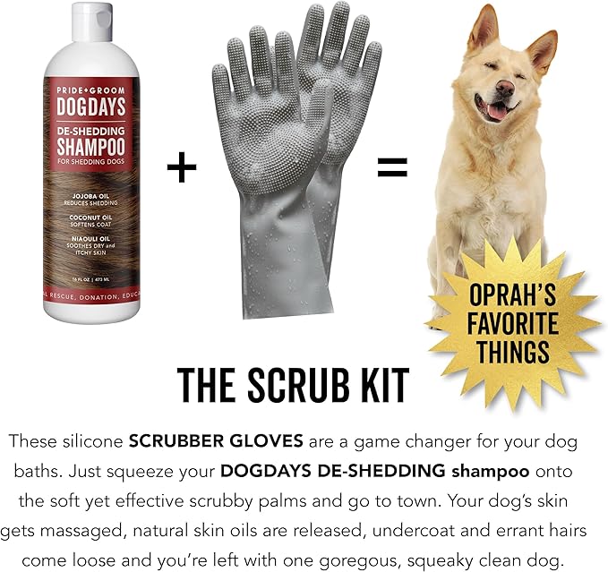 Pride and Groom DogDays De-Shedding The Scrub Kit - Natural Dog Shampoo with Silicone Scrubber Gloves for Detangling, Shedding Control, Coat Massage, Clean Ingredients, and Gentle Pet Grooming Care