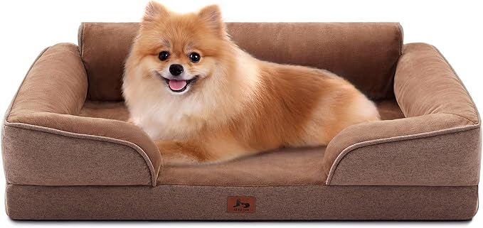 Warmrest Orthopedic Dog Beds for Medium Size Dogs, Waterproof Egg-Crate Foam Pet Couch Bed with Soft Sides, Non-Slip Dog Sofa with Flannel Removable Washable Cover, 28" L Supportive Pet Sofa, Brown