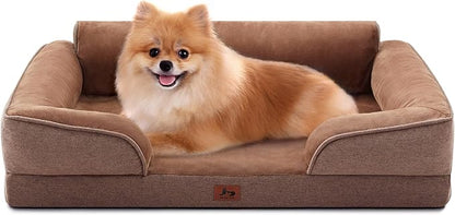Warmrest Orthopedic Dog Beds for Medium Size Dogs, Waterproof Egg-Crate Foam Pet Couch Bed with Soft Sides, Non-Slip Dog Sofa with Flannel Removable Washable Cover, 28" L Supportive Pet Sofa, Brown