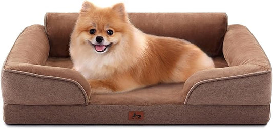 Warmrest Orthopedic Dog Beds for Medium Size Dogs, Waterproof Egg-Crate Foam Pet Couch Bed with Soft Sides, Non-Slip Dog Sofa with Flannel Removable Washable Cover, 28" L Supportive Pet Sofa, Brown