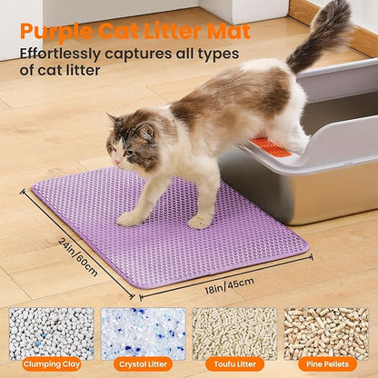 Petinstinct Cat Litter Mat, 24x18 Inches Large Double Layer Honeycomb Cat Litter Trapping Mat, Non Slip Waterproof Urine Proof Cat Litter Box Mat for Floor, Kitty Litter Rug, Cat Supplies, Purple