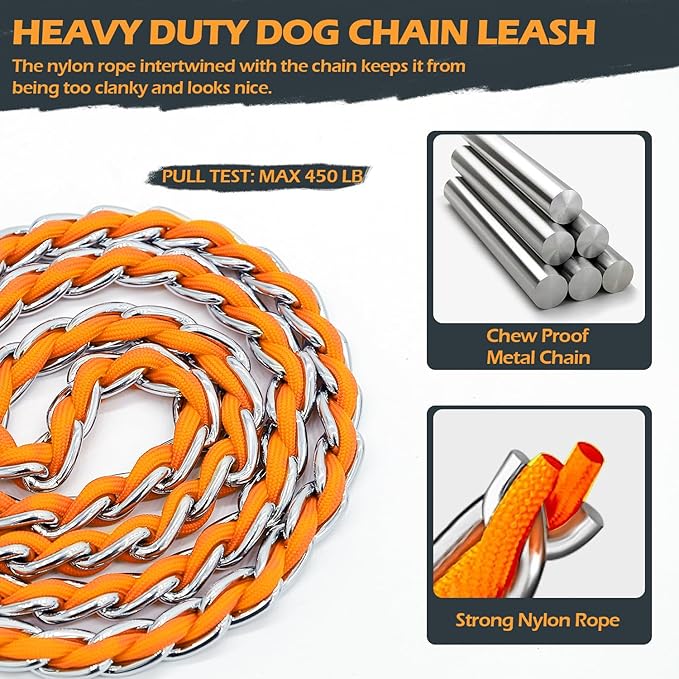 Dog Leash Chew Proof, Chain Leash Anti Chew Dog Leash for Large Dogs Heavy Duty, Indestructible Metal Leash Anti Bite Chain Link with Woven Cord Soft Padded Handle (Orange, 4FT)