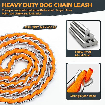 Dog Leash Chew Proof, Chain Leash Anti Chew Dog Leash for Large Dogs Heavy Duty, Indestructible Metal Leash Anti Bite Chain Link with Woven Cord Soft Padded Handle (Orange, 4FT)