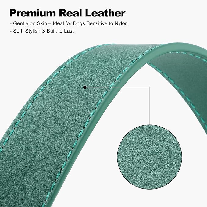 Plutus Pet Genuine Leather Dog Collar – Adjustable Pet Collar with Quick Release Metal Buckle, Soft Real Leather for Small Medium Large Dogs, Heavy Duty & Skin-Friendly (Green, L)
