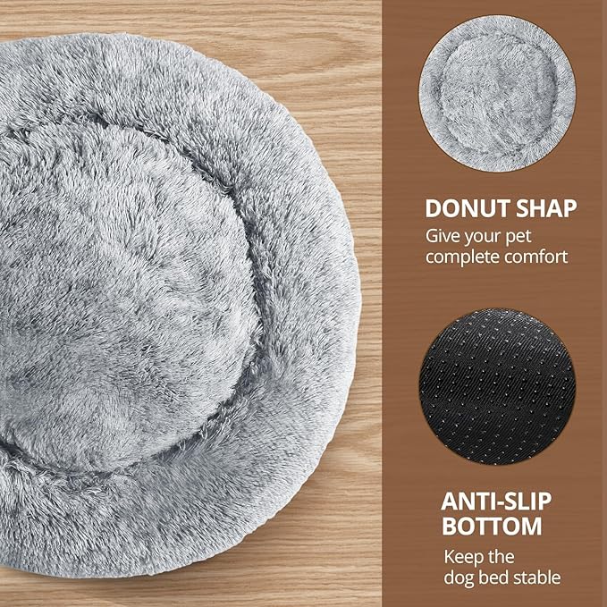 JOLLYVOGUE Calming Dog Bed Large Size Dog, Anti-Anxiety Donut Large Pet Bed, 36 inches Fluffy Faux Fur Round Cat Bed, Fits up to 75 lbs Pets (Smoke Grey)