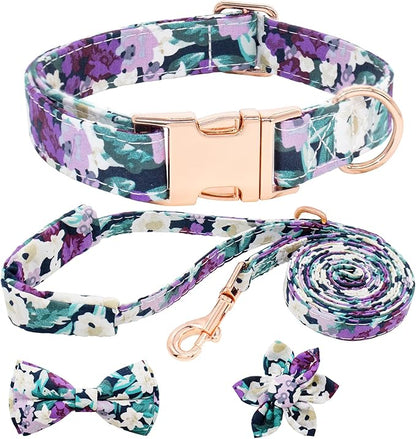 Dog Collar and Leash Set Girls Adjustable Puppy Collars with Floral Bow Tie for Small Medium Large Female Dogs, Purple Green Flower, L