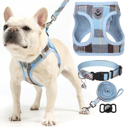 EXPAWLORER Classic Plaid Puppy Harness - Small Dog Harness and Leash Set - Dog Collar and Leash Set with AirTag Holder, Soft Padded Step in Dog Vest Harness No Pull Reflective for Outdoor, Blue XXS