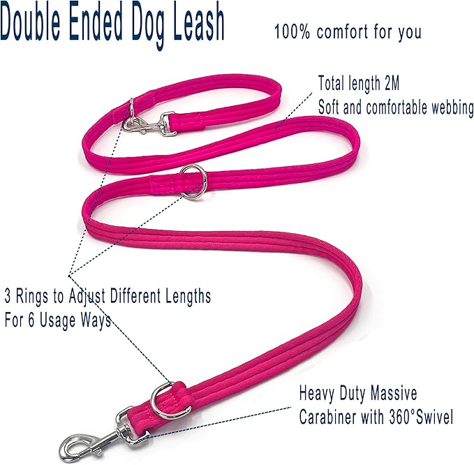 Dog Leash-Multifunctional Double Ended,for Obedience Training Or Distance Work Easy to Use,Lightweight,Soft&Durable Convertible Hands Free,Crossbody,Over Shoulder (Fuchsia, 2M*2.5CM)