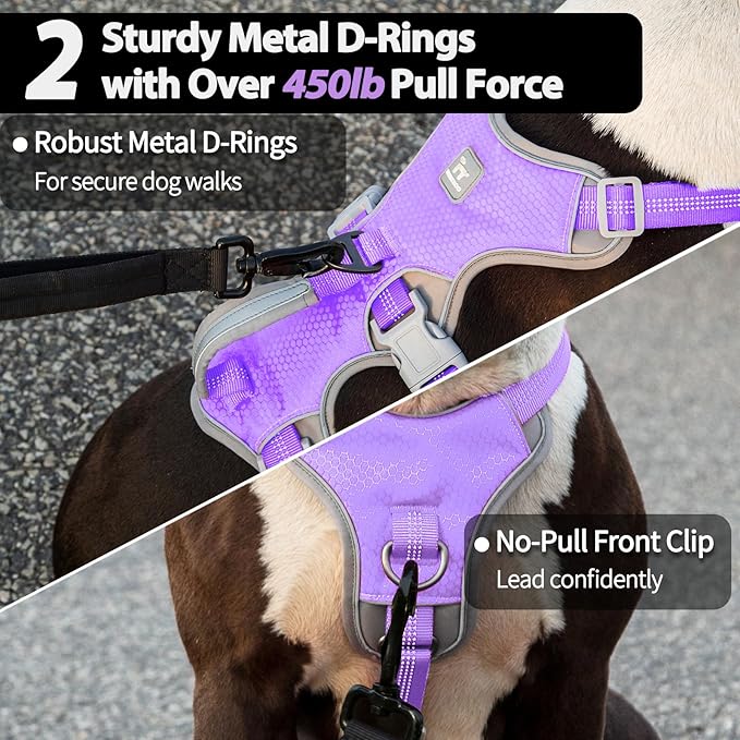 Huntboo Escape Proof Dog Harness, Escape Artist Harness, Reflective Harness with Padded Handle, Breathable, Adjustable Vest for Medium Dogs Walking, Training, and Running Gear (Lavender Purple,XL)
