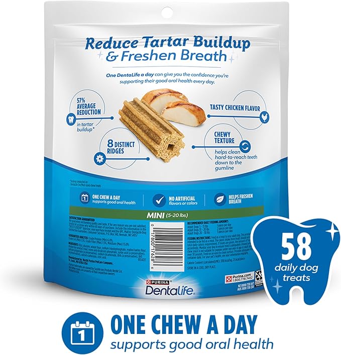 Dentalife Daily Oral Care Dog Treats for Small Dogs 5-20 lbs., Chewy Dental Treat to Freshen Breath and Fight Tartar, Chicken Flavor, 17.1 oz., 58 Chews - 58 ct. Pouch (Pack of 2)