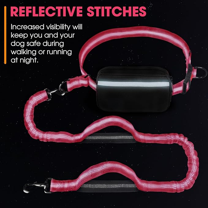 Hands Free Dog Leash with Waist Belt – No-Pull Bungee, Dual Padded Handles & Zipper Pouch for Running, Walking & Training – Adjustable Waist Leash for Large & Medium Dogs (Pink)