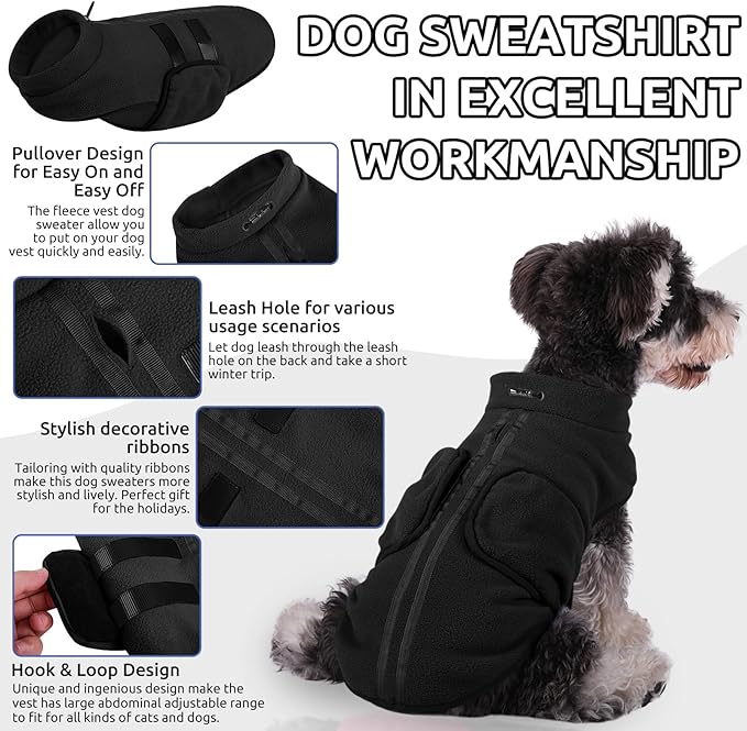 Queenmore XXL Dog Sweaters, Soft Fleece Vest Pullover Pet Jacket with Leash Hole, Warm Winter Dog Clothes Cold Weather Doggy Dachshund Sweater for Large Dogs Cats Boy or Girl (Black, XXL)