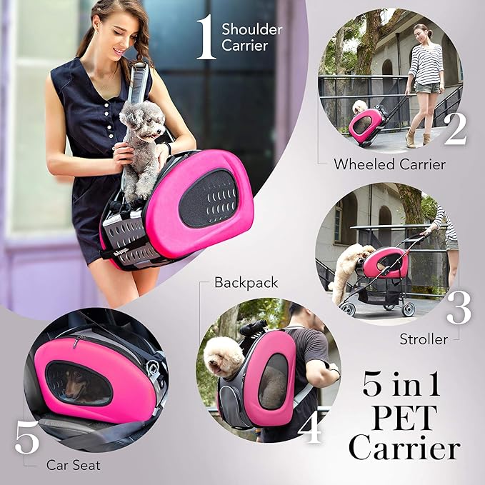 ibiyaya - Compact 5-in-1 Convertible and Foldable Small Pet Carrier and Stroller - Multifunctional Combo System Cat Stroller and Dog Stroller - Pets up to 16 Pounds - Pink