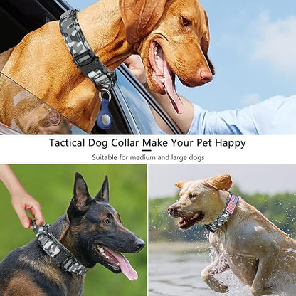 DAGANXI Tactical Dog Collar, Adjustable Military Training Nylon Dog Collar with Control Handle and Heavy Metal Buckle for Medium and Large Dogs, with Patches and Airtags Case (XL, Camo)