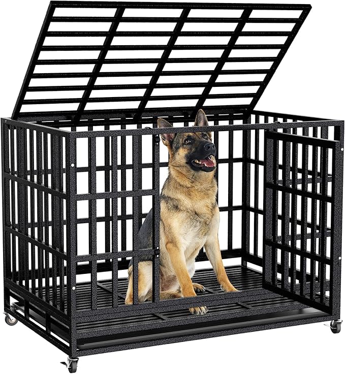 SHUSHIM 38 Inch Heavy Duty Dog Crate Kennel with Wheels, High Anxiety Indestructible Dog Crates for Large Dogs, XL XXL Extra Large Dog Crate with Removable Plastic Tray, Two Locks (Black, Square)
