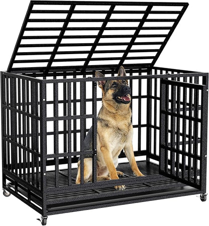 SHUSHIM Enhanced Heavy Duty Dog Kennel Crate Cage with Strong Metal Frame, Double Doors and Lockable Wheels, for Extra Large Dog Breeds, Pet Playpen (Square, 48 inch)